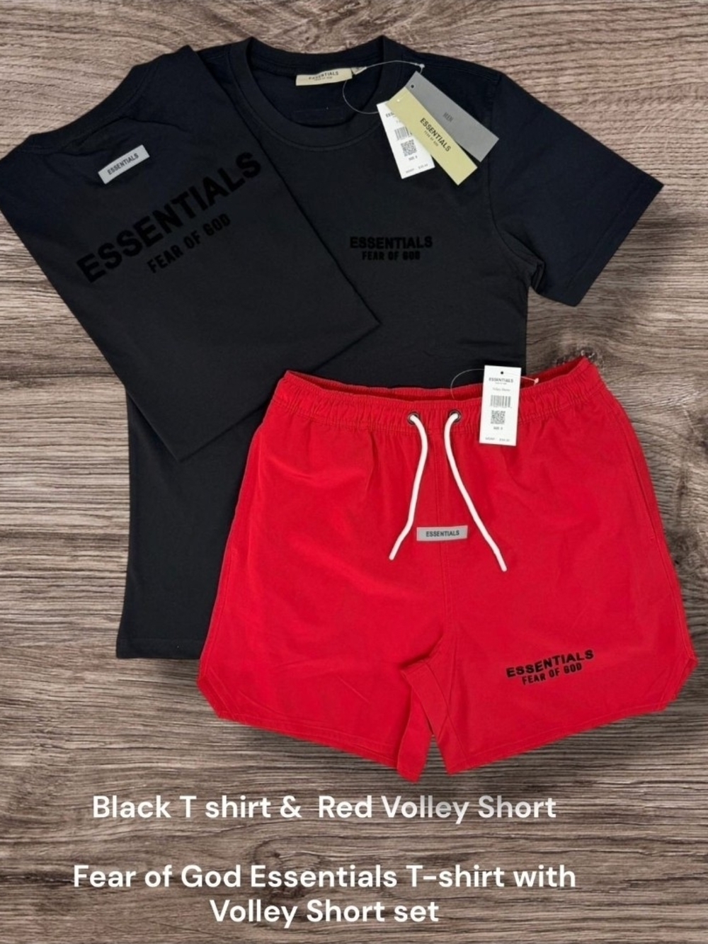 ESSENTIALS Red Volley Shorts with Black Tee Set